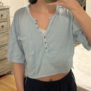 BDG Blue Crop Button Down Polo Top